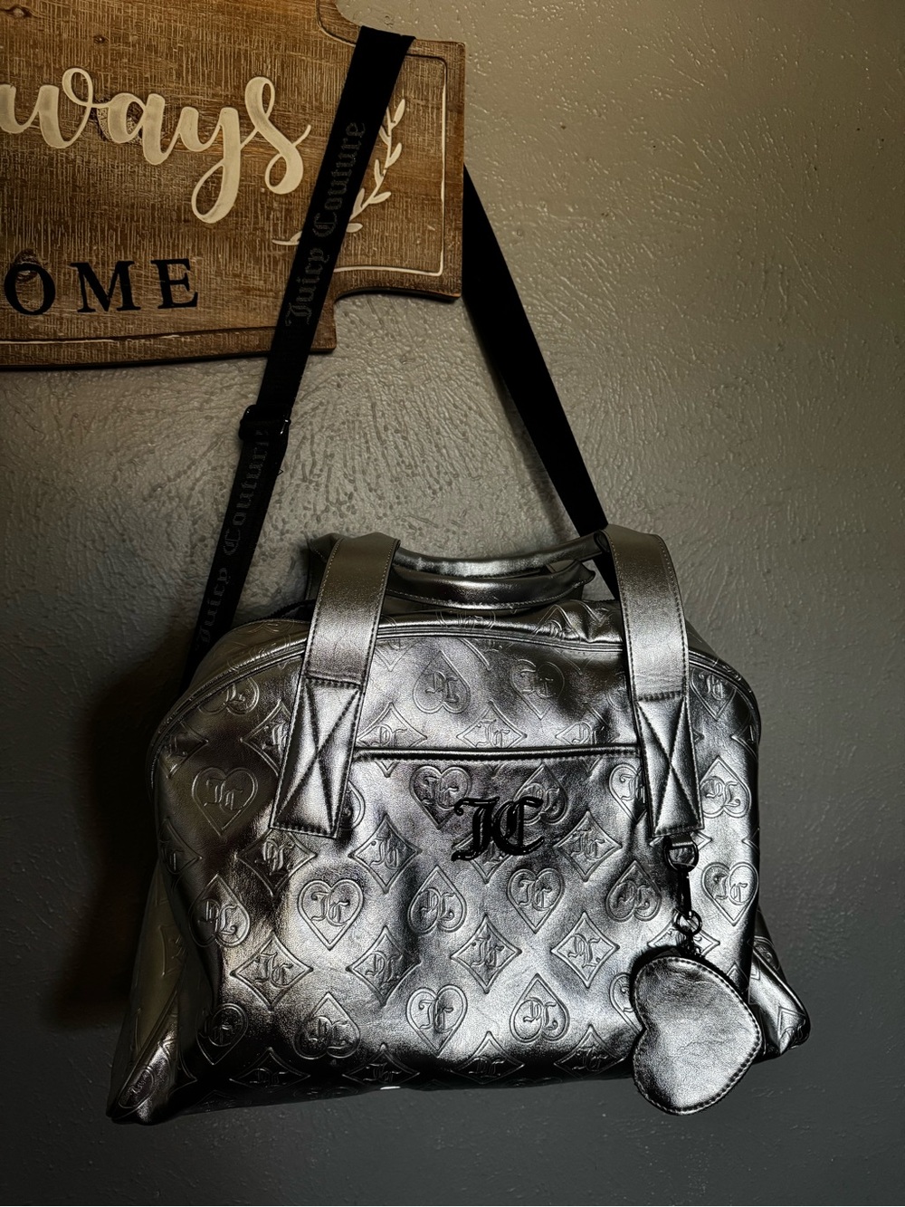 Juicy Couture Metallic Silver Quilted Heart-Embossed Shoulder Bag